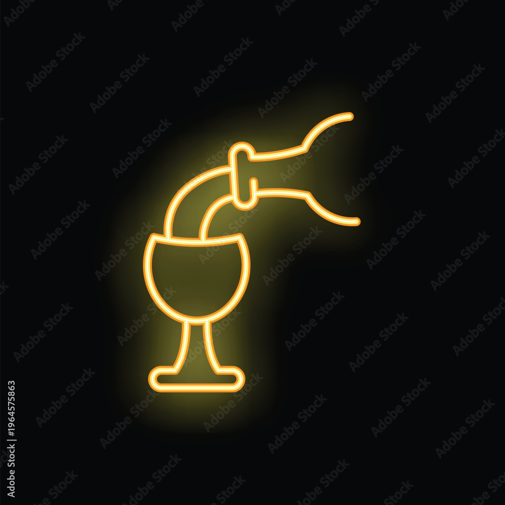 Fototapeta premium Bright yellow neon sign showing a bottle pouring wine into a glass, on a black background