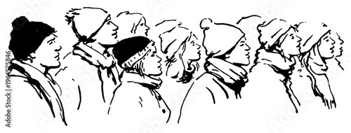 People in winter clothes looking forward in profile in sketch style