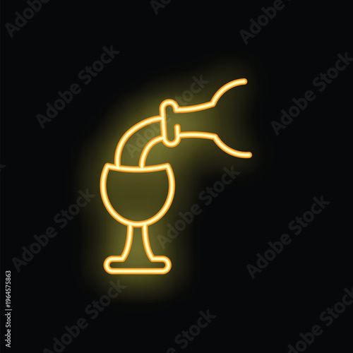 Bright yellow neon sign showing a bottle pouring wine into a glass, on a black background