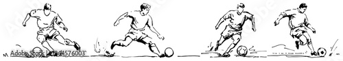 Soccer players running and dribbling ball in horizontal sequence hand drawn sketch