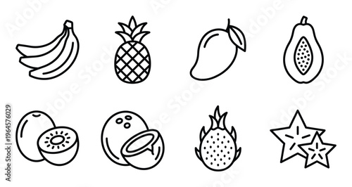 Assortment of eight tropical fruit line art icons with transparent background. Healthy food for design