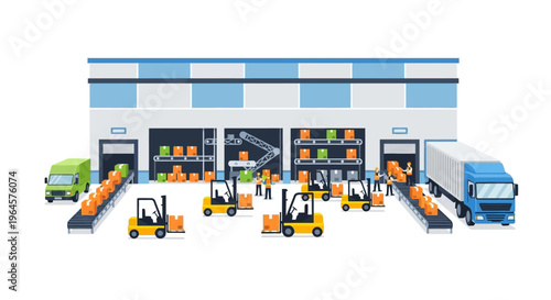 Modern Warehouse Logistics Operations Illustration: Efficient Supply Chain, Shipping, Inventory, and E-commerce Fulfillment with Forklifts & Trucks