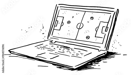 Laptop computer displaying soccer field tactics and strategy hand drawn doodle style