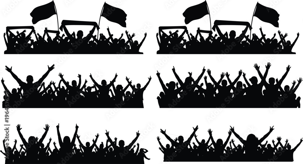 Fototapeta premium Black silhouettes set of cheering crowds with flags and raised hands for sports stadium concerts festivals and public celebration events designs