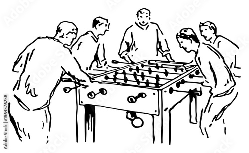 Group of men playing table football foosball in social gathering in line art style