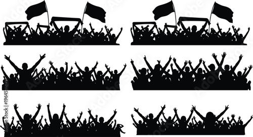 Black silhouettes set of cheering crowds with flags and raised hands for sports stadium concerts festivals and public celebration events designs
