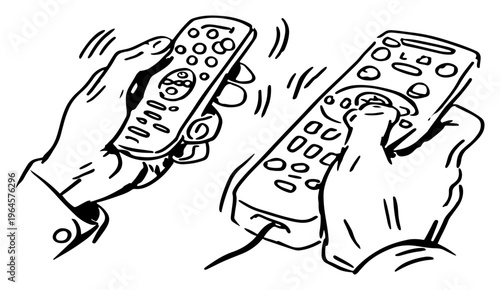 Hand holding and pressing buttons on a remote control in sketch style