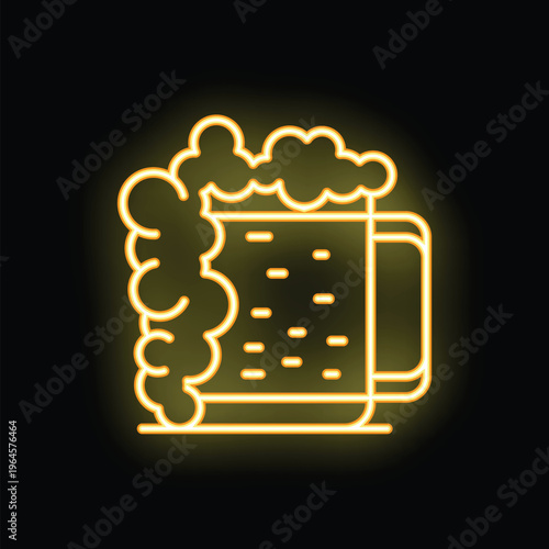 Yellow neon sign depicting a overflowing beer mug with foam, on black background