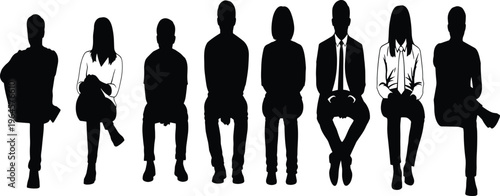 Black silhouettes set of diverse people sitting in chairs and waiting isolated on white background for office waiting room and corporate designs