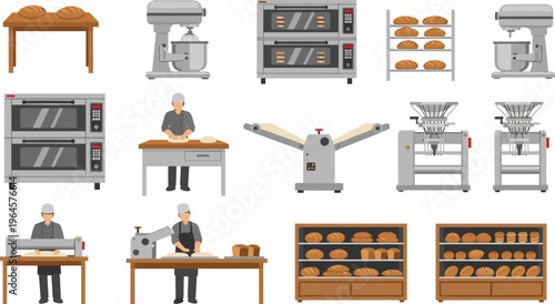 Modern bakery production process illustration with bread making equipment, dough preparation, industrial ovens, and baking workflow sequence in flat design