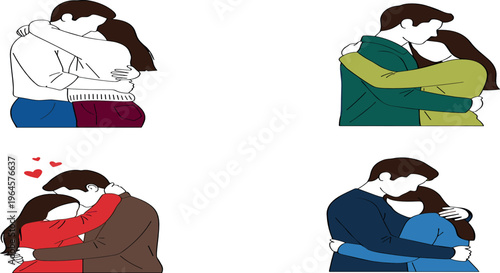 Romantic Couple Hugging Illustration Set with Love Embrace Scenes for Valentine Relationship Affection Dating Emotion and Social Media Design Projects.