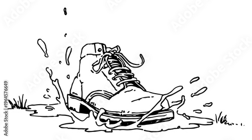 Boot stepping into water puddle with splash hand drawn sketch style