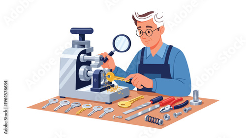 Precision Key Duplication: A skilled locksmith meticulously replicates keys using specialized equipment, highlighting precision and expertise in the craft. 