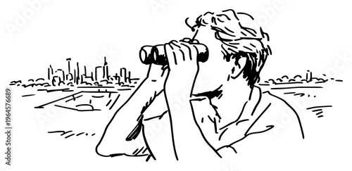 Man looking through binoculars at city skyline hand drawn sketch style