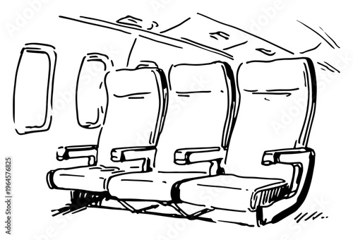 Airplane cabin interior with rows of empty passenger seats and windows in sketch style