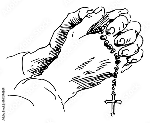 Praying hands holding a wooden rosary with a crucifix in hand drawn sketch style