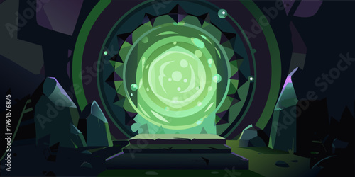 A glowing swirling green portal stands between jagged rock formations