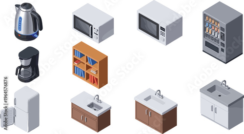 Modern kitchen appliance collection illustration featuring electric kettle, microwave ovens, coffee machine, vending machine, and storage shelf in flat design
