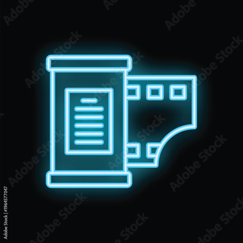 Blue neon icon of a film strip coming out of a container, on a black background