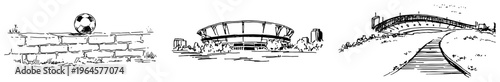 Modern football stadium architecture and soccer ball on brick wall sketch