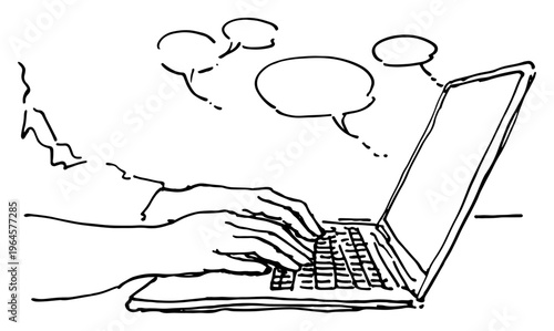 Hands typing on laptop keyboard with speech bubbles representing online communication and chat in sketch style