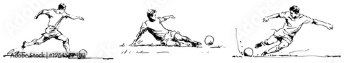Soccer player kicking a ball in motion sequence hand drawn ink sketch style