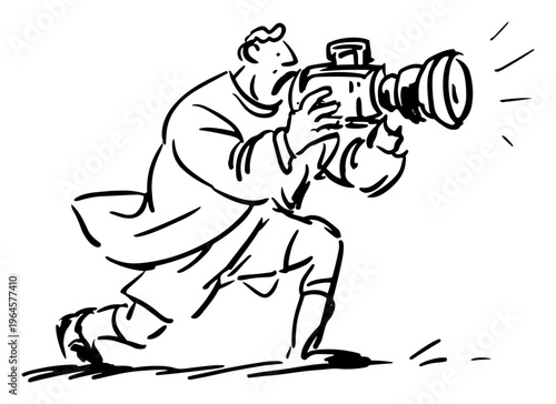 Professional cameraman filming with a large movie camera ink sketch illustration