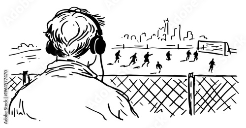 Man wearing headphones watching a soccer match at a public field with a city skyline in the background sketch style