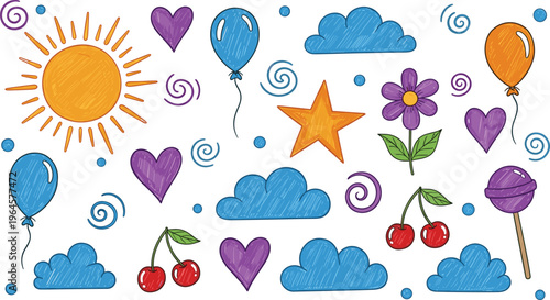 Colorful hand drawn doodle vector set featuring sun clouds stars hearts balloons flowers cherries and lollipop elements for creative kids party design and playful nursery decorations.