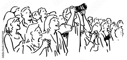 crowd of spectators taking photos during a public event in hand drawn sketchy style
