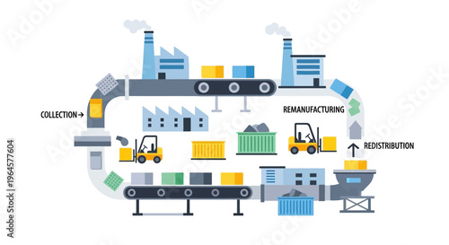 Circular Economy Remanufacturing Process Illustration: Sustainable Industrial Production, Recycling & Redistribution Diagram