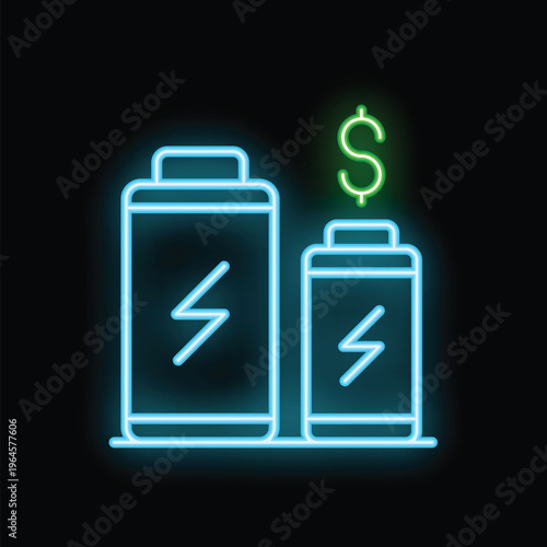 Neon sign showing two batteries and a dollar symbol, depicting the increasing cost of electricity