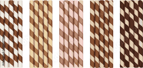 Set of chocolate wafer sticks with different flavors isolated on white background sweet snack vector illustration collection