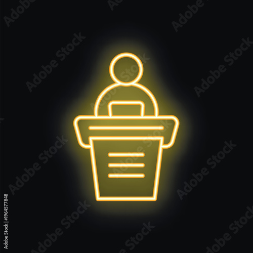 Neon sign depicting a person standing behind a lectern, giving a speech or presentation