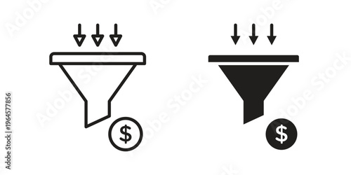 Sales funnel icons line and solid version, outline and filled vector design set