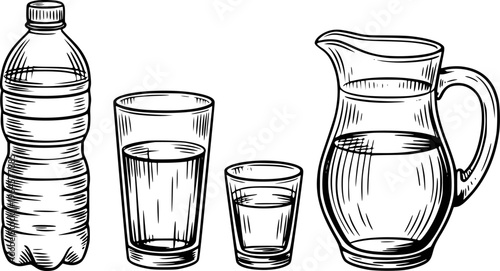 Hand Drawn of Water Bottle Glasses and Pitcher with Liquid White Background drink