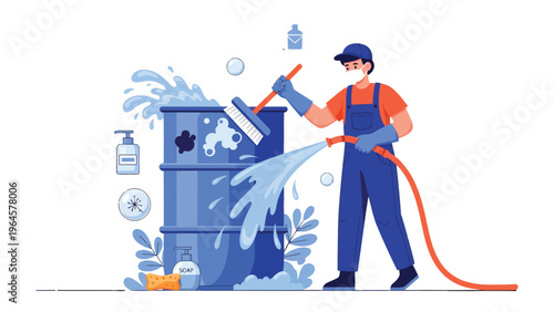 Environmental Sanitation: A dedicated worker diligently cleans a hazardous waste container.