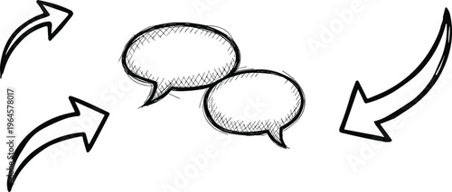 A black and white illustration of two speech bubbles with arrows indicating conversation exchange between people or entities
