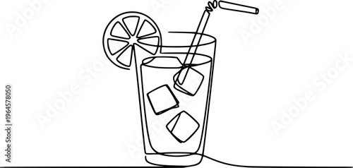 Minimalist single line of a refreshing iced drink with lemon slice and straw white background