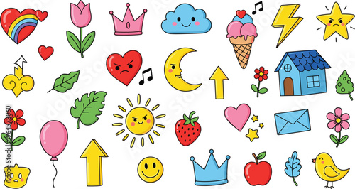 Cute hand drawn sticker set featuring colorful rainbow hearts flowers crowns clouds sun moon stars ice cream and fruit icons for kids creative DIY projects.