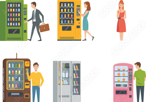 People using vending machines illustration with snack and beverage dispensers, customers buying drinks, modern automated retail concept in flat design