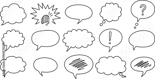 Collection of various speech bubbles and dialogue icons in black and white