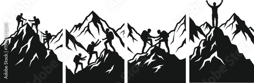 Black silhouettes set of mountain climbers helping each other and reaching the summit representing teamwork leadership success and outdoor adventure challenge