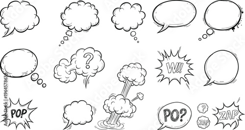 A collection of 13 comic book style speech bubbles and thought clouds in various shapes and sizes for creative writing
