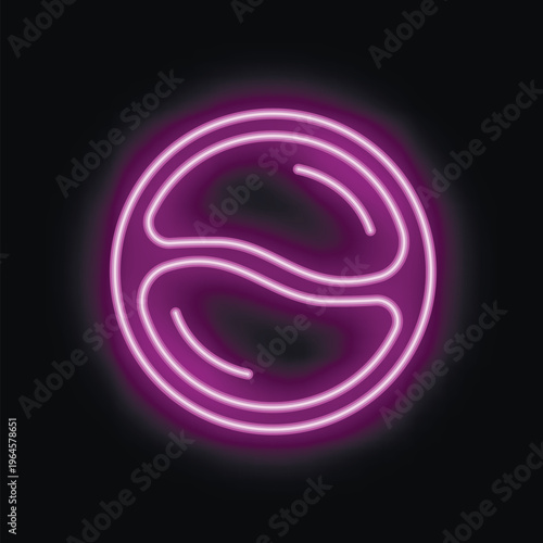 Purple neon sign showing a yin yang symbol, associated with balance and harmony, on black background