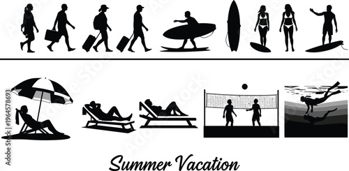 Black silhouettes set of people traveling and enjoying summer vacation activities including surfing swimming sunbathing and beach volleyball isolated on white