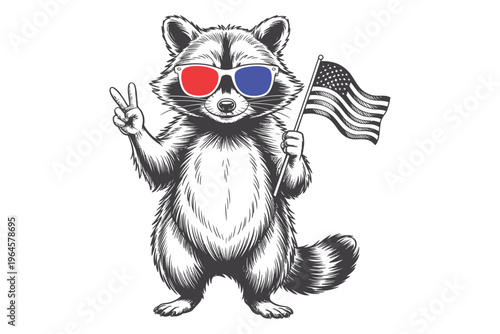 A charming raccoon wearing red and blue 3d glasses and holding an American flag making a peace sign on transparent background high-quality.