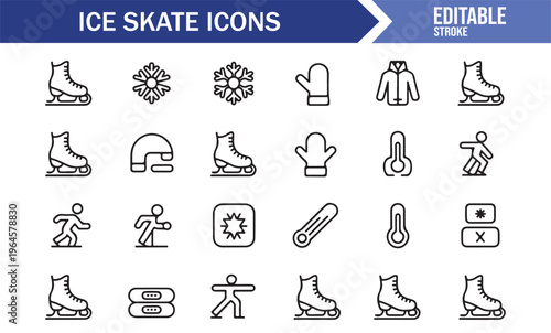 Ice rink and skating equipment icon set for seasonal design