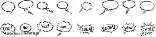 Collection of hand drawn speech bubbles and thought clouds with various expressions