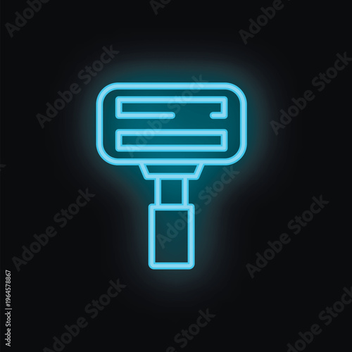 Neon icon of a safety razor glowing blue on a black background